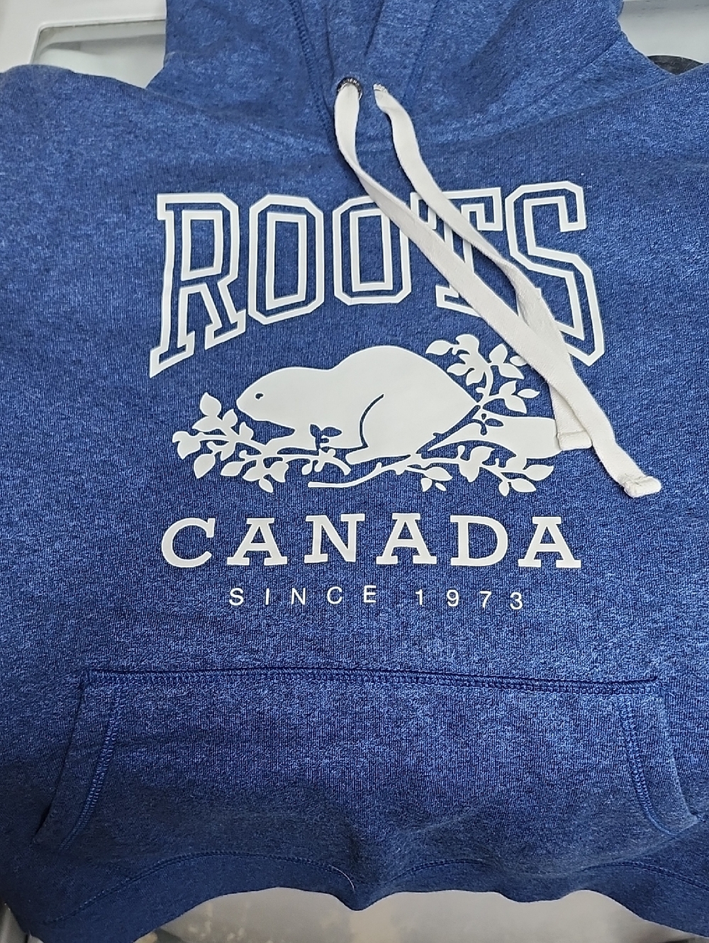 Roots Canada Blue Heather Hoodie with White Logo